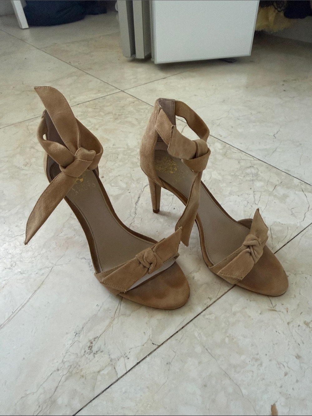 Vince Camuto Tan Suede Ankle-Tie Knotted Stiletto Sandals